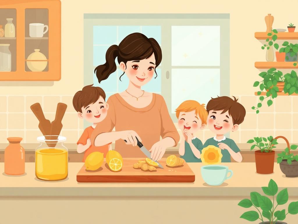 Mamá preparando remedios caseros con limón y jengibre junto a sus hijos